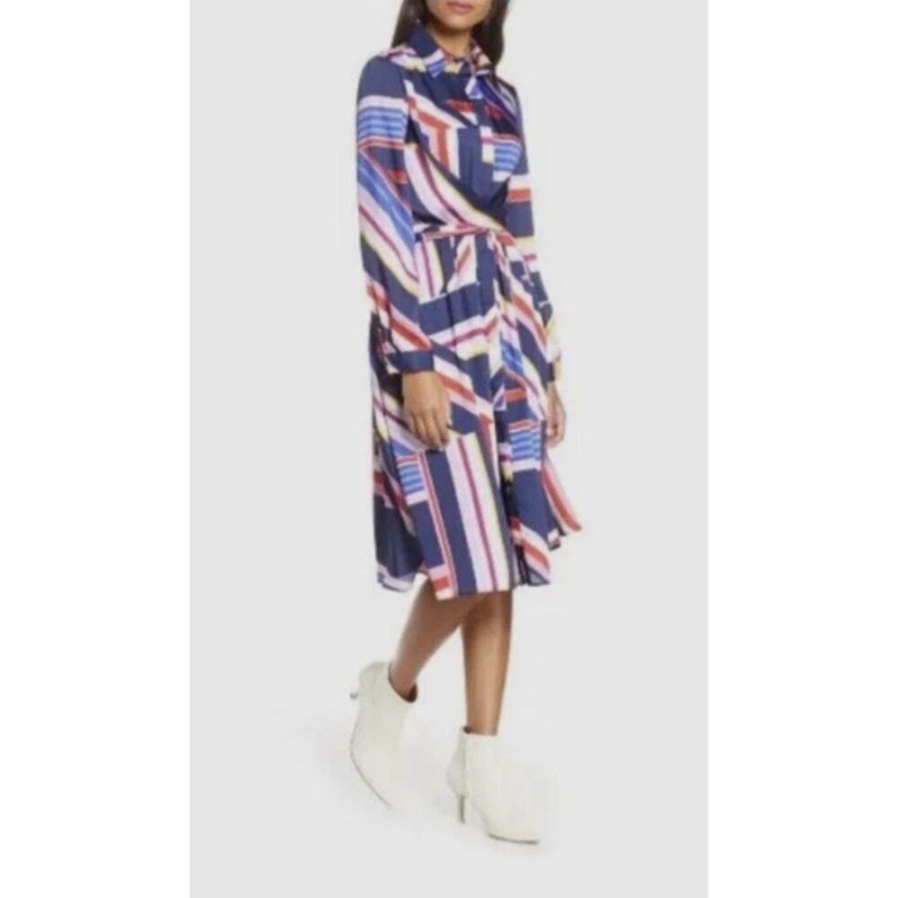 Julia Jordan Geometric Stripe Shirt Dress‎ Midi Long Sleeve Navy Red Mod 6